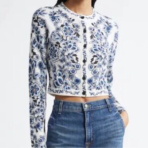 Alice + Olivia Carson Crop Floral Cotton Blend Cardigan Denim XS/S